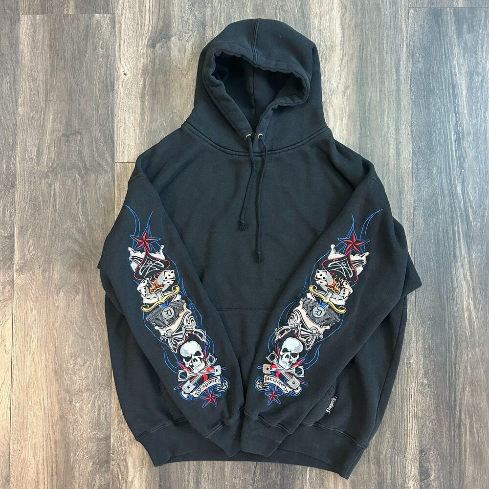 Y2K Dragonfly Skull Hoodie Pinstripe Embroidered Piston Flames Sweatshirt Size M